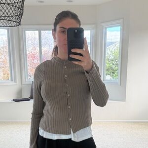 DONNI. Ribbed Button-Up Jacket in Brown/Tan